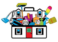 Graphic image of a house with cleaning items.